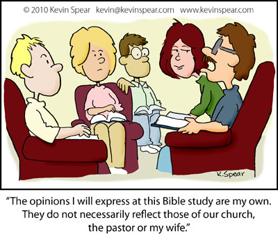 Cartoon of people at a group study. A man says, �The opinions I will express 